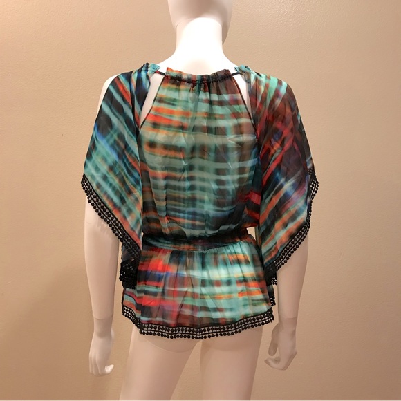 Bebe Semi Sheer Boho Peplum Blouse Size Small Wing Sleeve Pom Pom Trim Colorful - Picture 3 of 14